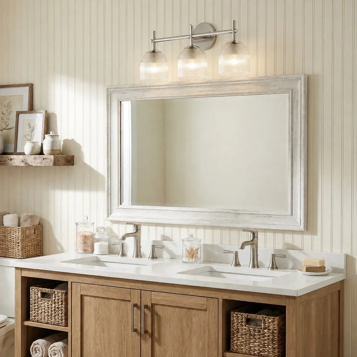 Wandlamp met geribbeld glas en koperen finish voor hal, slaapkamer en badkamer