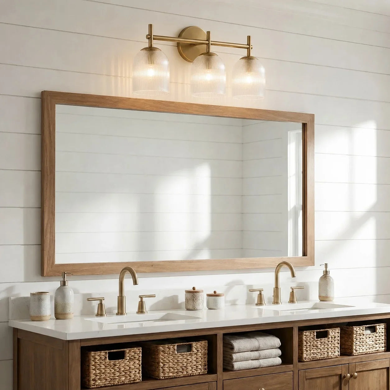 Wandlamp met geribbeld glas en koperen finish voor hal, slaapkamer en badkamer