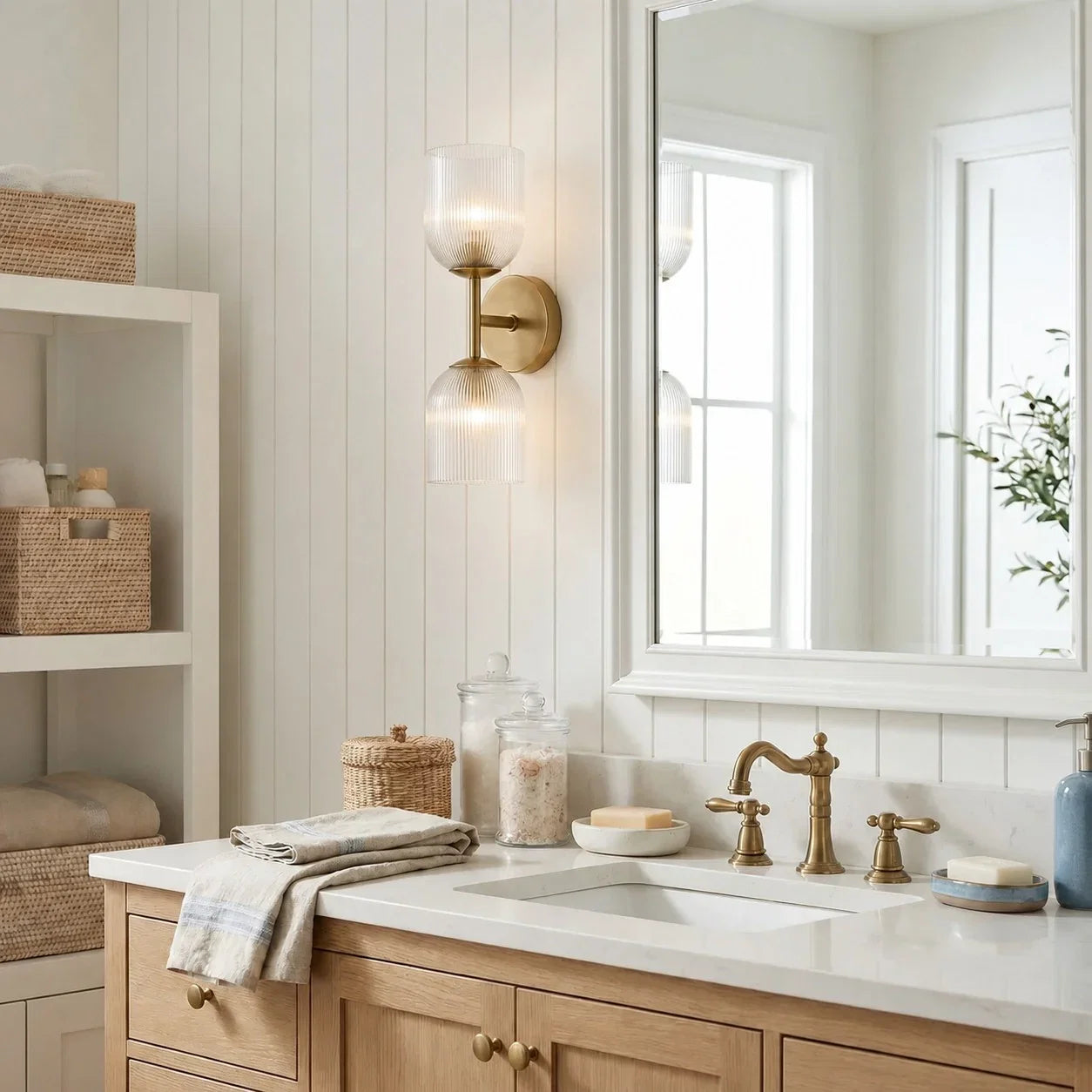 Wandlamp met geribbeld glas en koperen finish voor hal, slaapkamer en badkamer