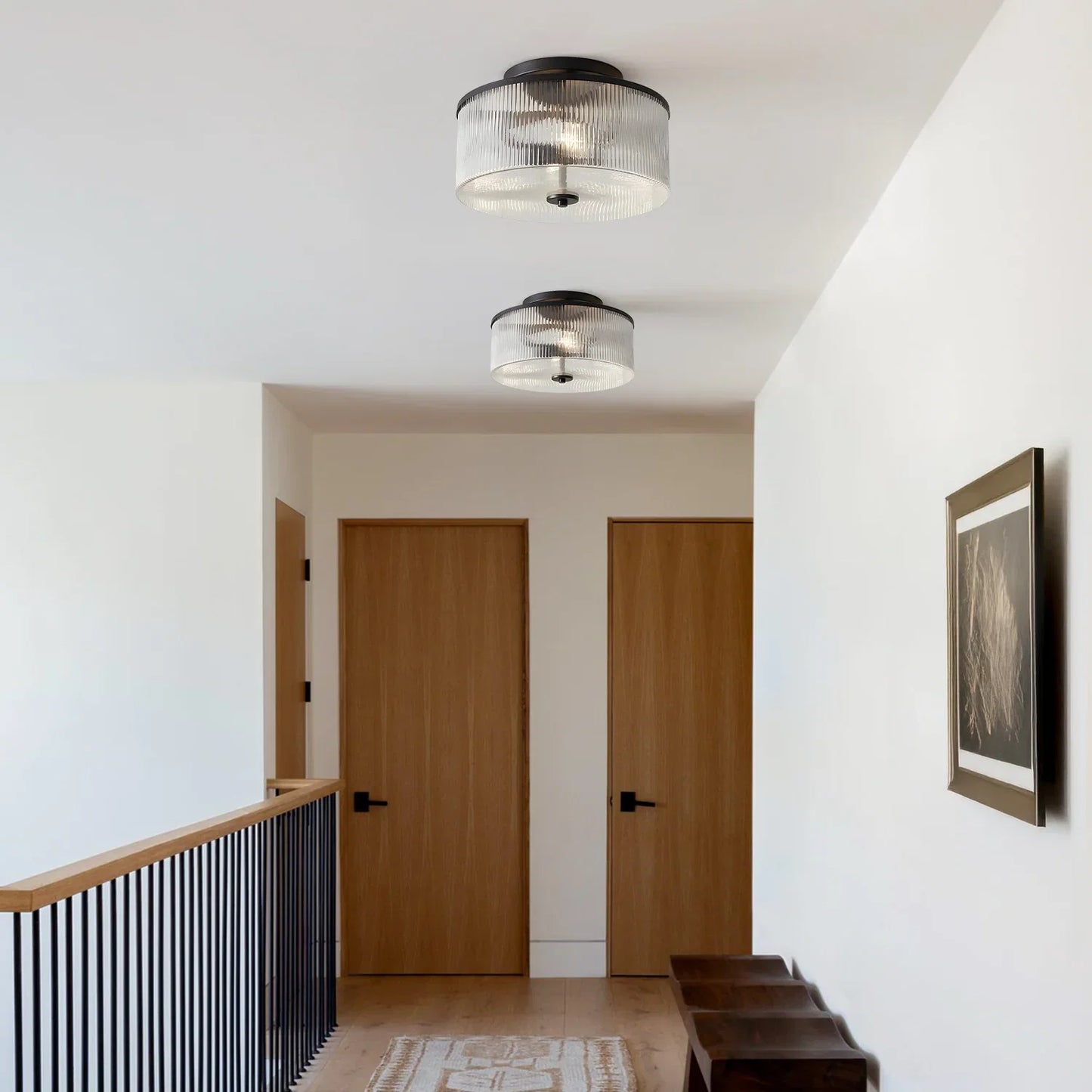 Plafondlamp met Geribbelde Glazen Kap - Landelijke Stijl - Ø 35cm Messing Plafondverlichting voor Hal en Woonkamer