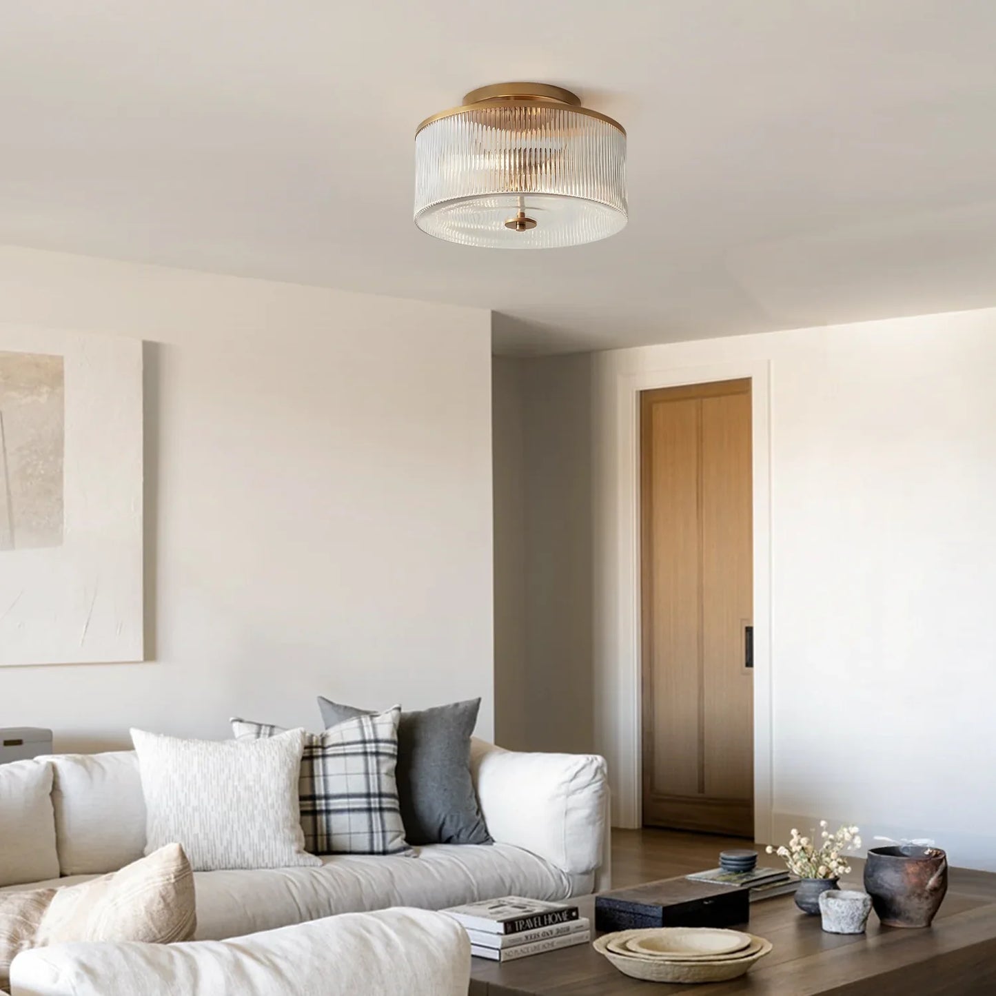 Plafondlamp met Geribbelde Glazen Kap - Landelijke Stijl - Ø 35cm Messing Plafondverlichting voor Hal en Woonkamer