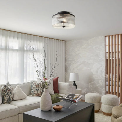 Plafondlamp met Geribbelde Glazen Kap - Landelijke Stijl - Ø 35cm Messing Plafondverlichting voor Hal en Woonkamer