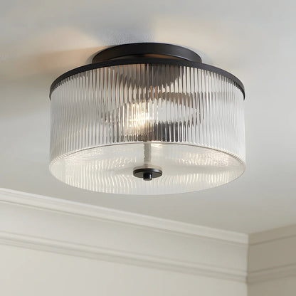 Plafondlamp met Geribbelde Glazen Kap - Landelijke Stijl - Ø 35cm Messing Plafondverlichting voor Hal en Woonkamer