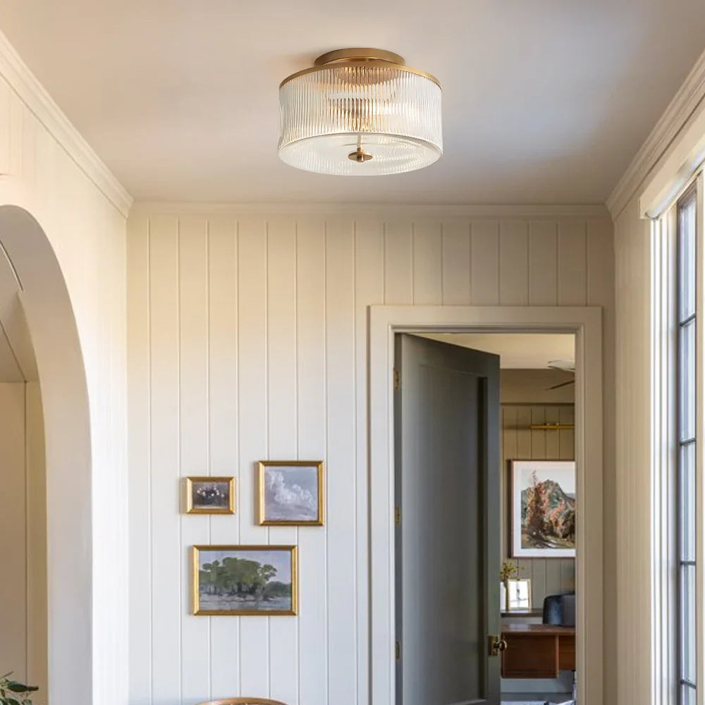 Plafondlamp met Geribbelde Glazen Kap - Landelijke Stijl - Ø 35cm Messing Plafondverlichting voor Hal en Woonkamer