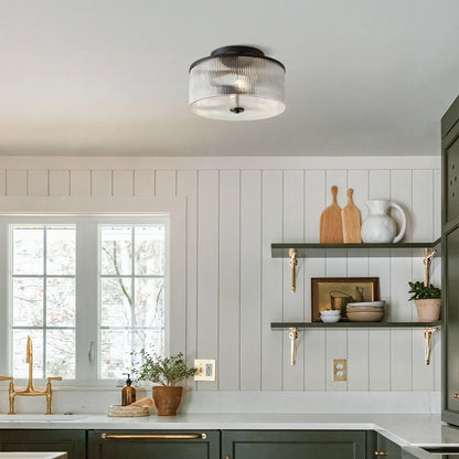 Plafondlamp met Geribbelde Glazen Kap - Landelijke Stijl - Ø 35cm Messing Plafondverlichting voor Hal en Woonkamer