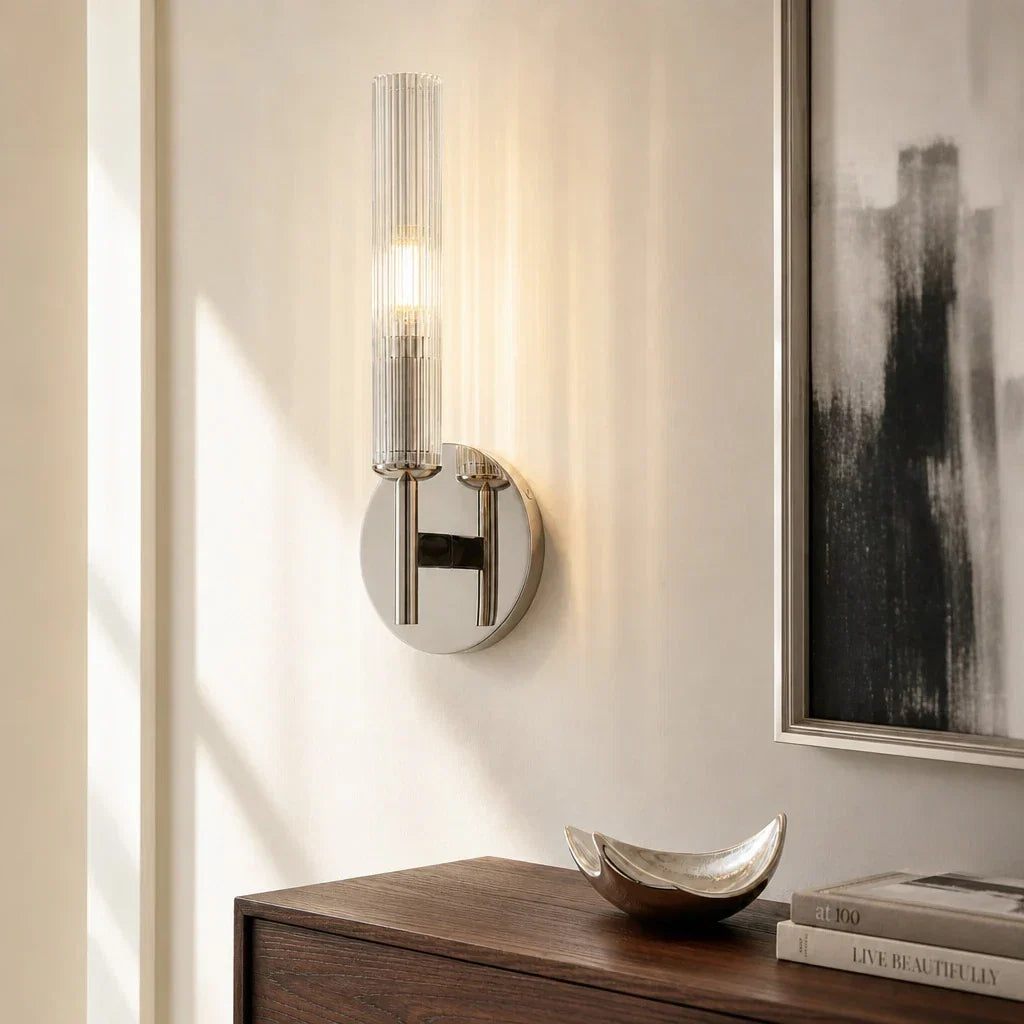 Geribbelde Glazen Wandlamp met Koperkleurige Afwerking – 1 of 2 Lichtpunten voor Badkamer Gang Slaapkamer