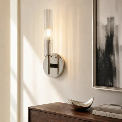 Geribbelde Glazen Wandlamp met Koperkleurige Afwerking – 1 of 2 Lichtpunten voor Badkamer Gang Slaapkamer