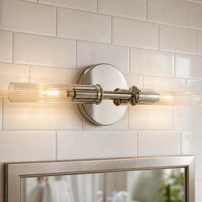 Geribbelde Glazen Wandlamp met Koperkleurige Afwerking – 1 of 2 Lichtpunten voor Badkamer Gang Slaapkamer