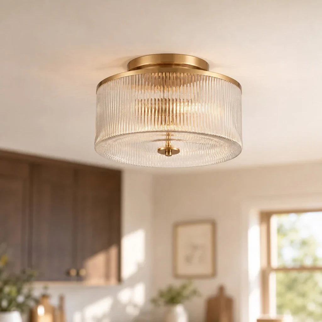 Plafondlamp met Geribbelde Glazen Kap - Landelijke Stijl - Ø 35cm Messing Plafondverlichting voor Hal en Woonkamer