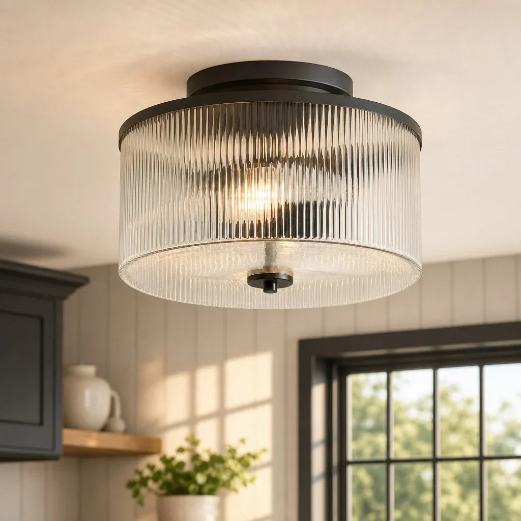 Plafondlamp met Geribbelde Glazen Kap - Landelijke Stijl - Ø 35cm Messing Plafondverlichting voor Hal en Woonkamer