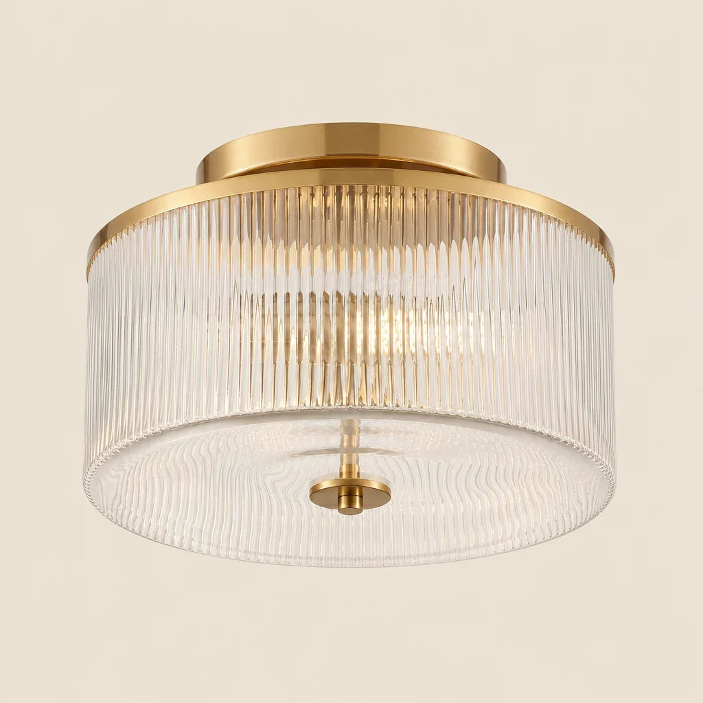 Plafondlamp met Geribbelde Glazen Kap - Landelijke Stijl - Ø 35cm Messing Plafondverlichting voor Hal en Woonkamer