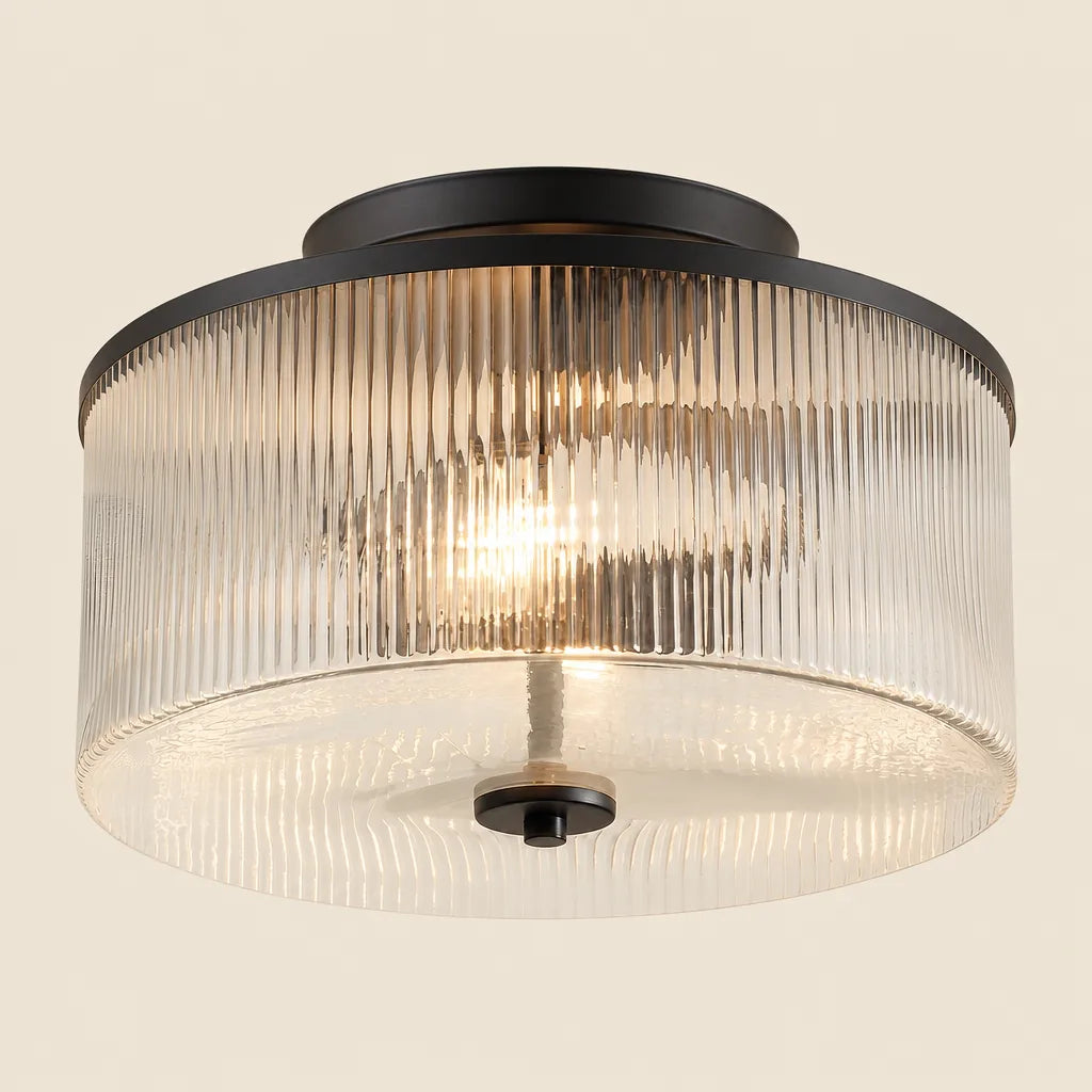 Plafondlamp met Geribbelde Glazen Kap - Landelijke Stijl - Ø 35cm Messing Plafondverlichting voor Hal en Woonkamer