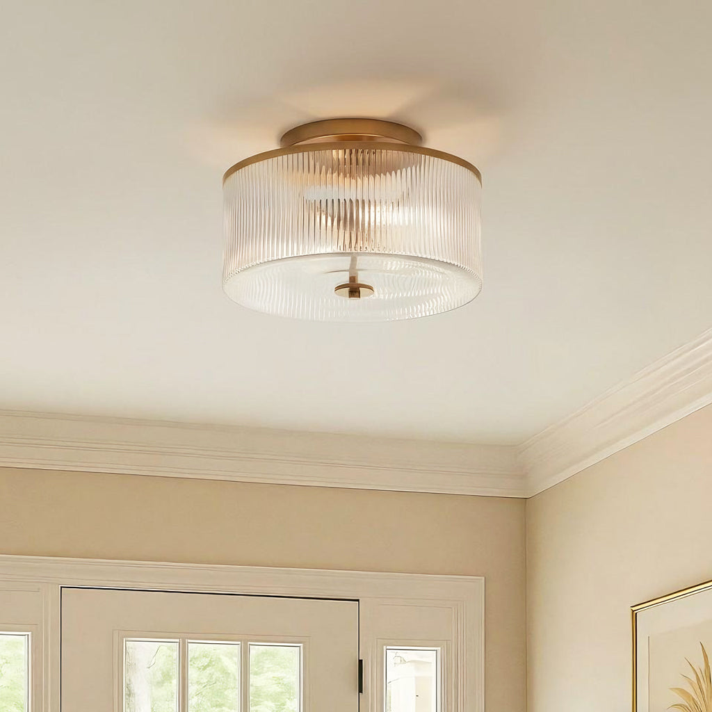 Plafondlamp met Geribbelde Glazen Kap - Landelijke Stijl - Ø 35cm Messing Plafondverlichting voor Hal en Woonkamer