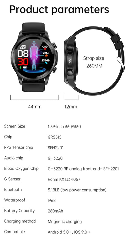Slimme Gezondheidshorloge met Bloedsuikermeting & Hartslagmeter Waterdicht Fitness Tracker Smartwatch