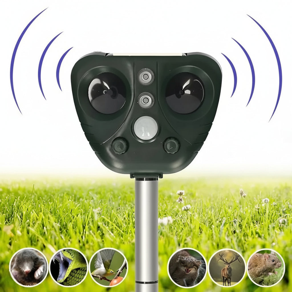 Ultrasone Dierenverjager op Zonne-Energie – 13,5–45,5 kHz – Bescherming Tuin – 5 Modi – Bereik tot 9 meter