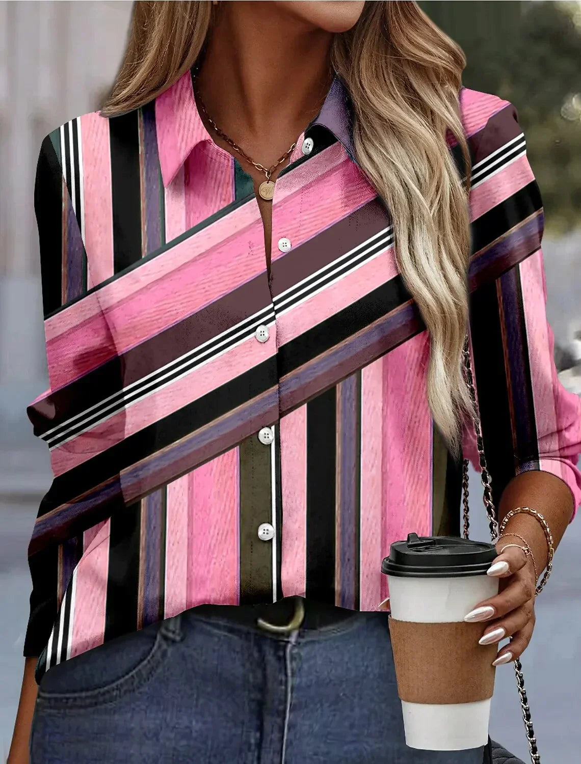 Vrouwelijke Blouse Roze Strepen Gemakkelijk Aanpasbaar