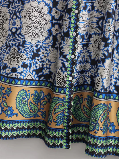 Blauwe Jurk Lange Mouw Prints Zomerjurk