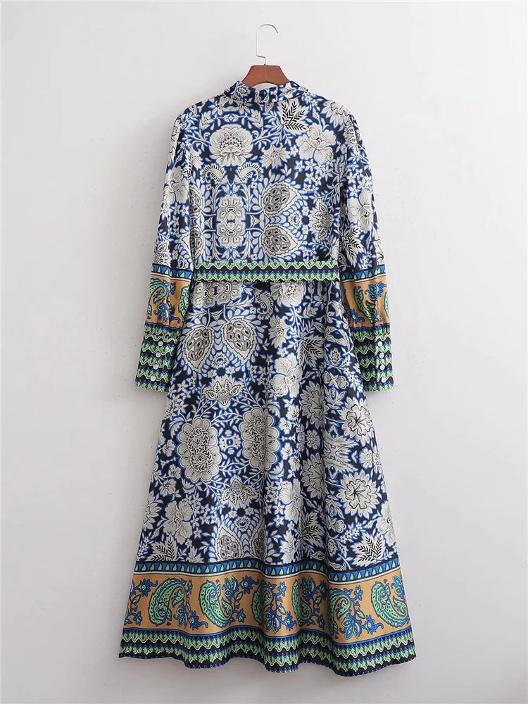 Blauwe Jurk Lange Mouw Prints Zomerjurk