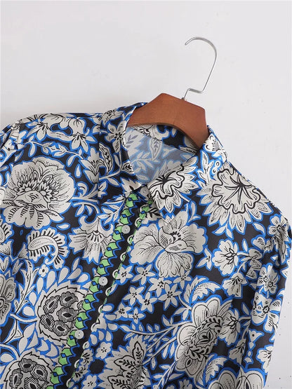 Blauwe Jurk Lange Mouw Prints Zomerjurk