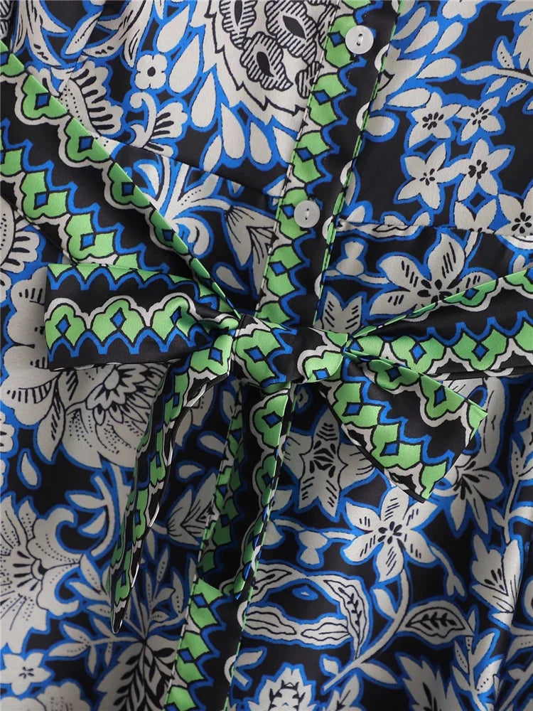 Blauwe Jurk Lange Mouw Prints Zomerjurk