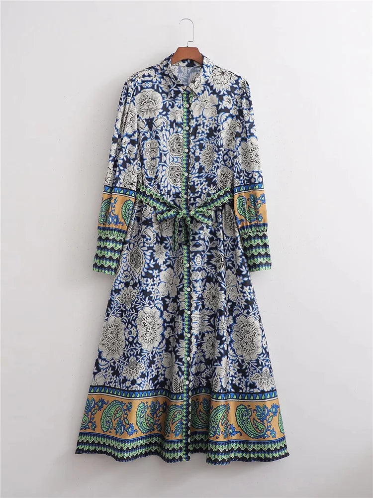 Blauwe Jurk Lange Mouw Prints Zomerjurk - StudioMarella