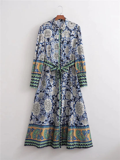 Blauwe Jurk Lange Mouw Prints Zomerjurk - StudioMarella