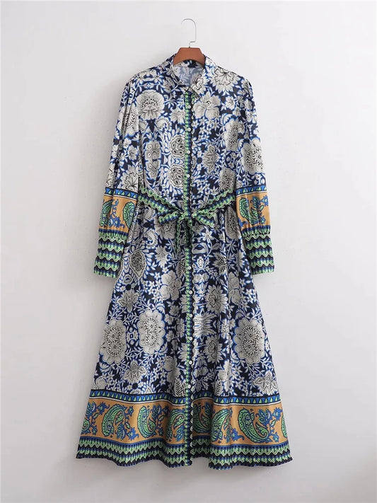 Blauwe Jurk Lange Mouw Prints Zomerjurk - StudioMarella
