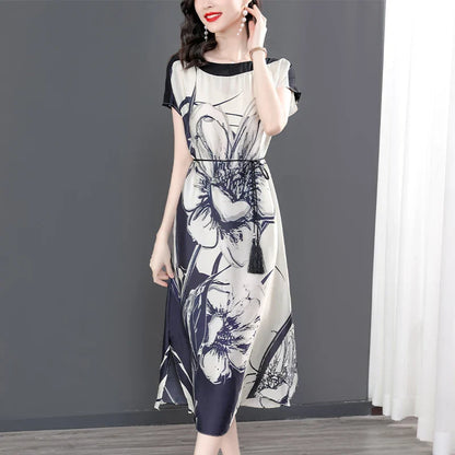 Midi Jurk Zijde Bloemenprint Vrouwenjurk Elegant