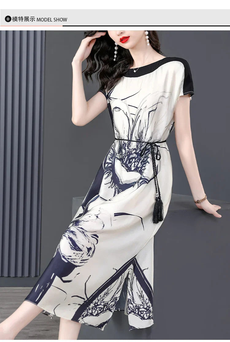 Midi Jurk Zijde Bloemenprint Vrouwenjurk Elegant
