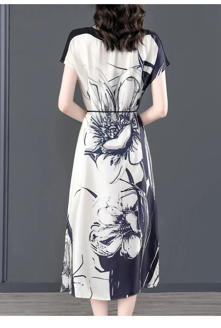 Midi Jurk Zijde Bloemenprint Vrouwenjurk Elegant
