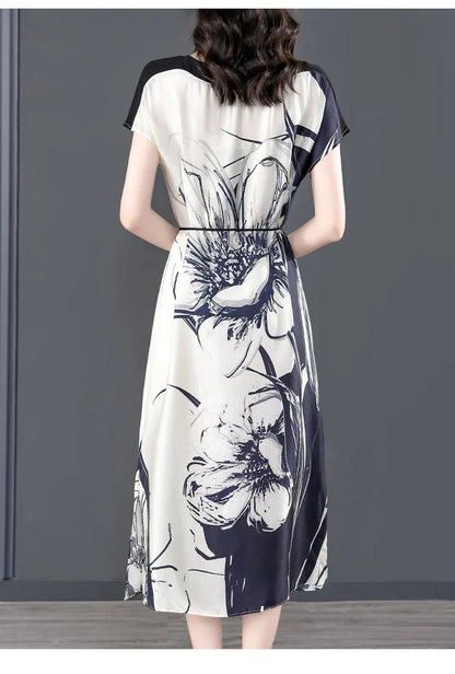 Midi Jurk Zijde Bloemenprint Vrouwenjurk Elegant