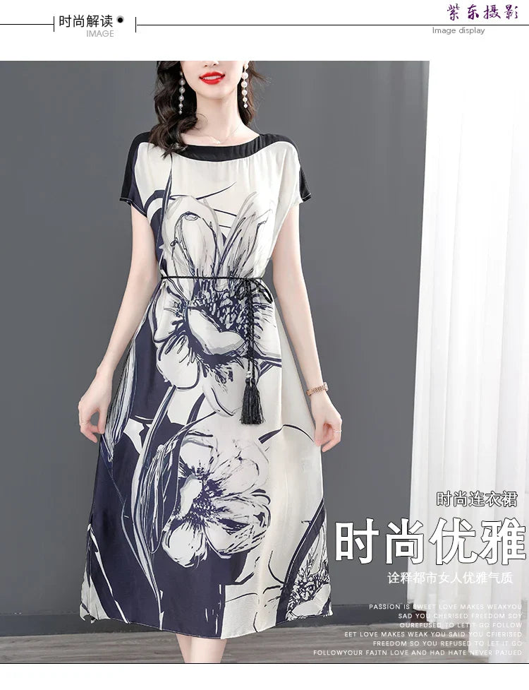 Midi Jurk Zijde Bloemenprint Vrouwenjurk Elegant
