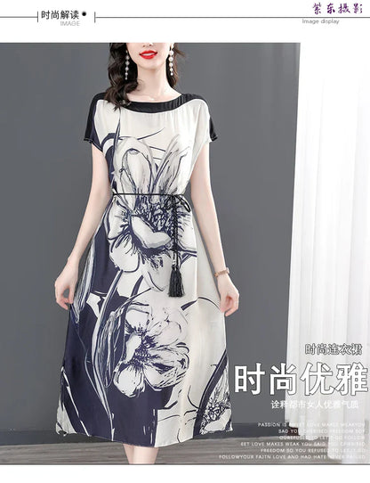 Midi Jurk Zijde Bloemenprint Vrouwenjurk Elegant