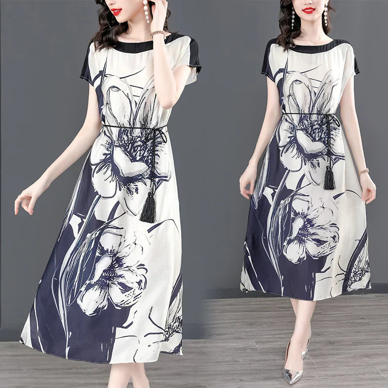Midi Jurk Zijde Bloemenprint Vrouwenjurk Elegant