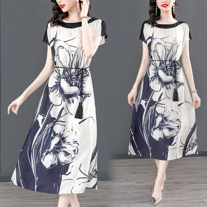 Midi Jurk Zijde Bloemenprint Vrouwenjurk Elegant
