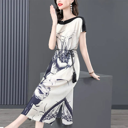 Midi Jurk Zijde Bloemenprint Vrouwenjurk Elegant