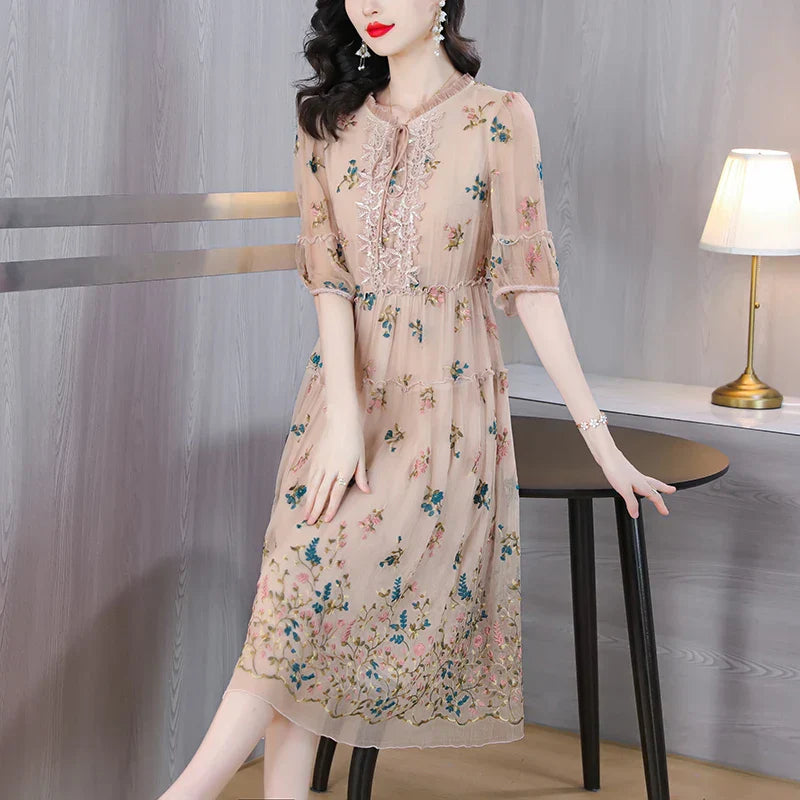 Midi Jurk voor Dames Zijde Bloemen Print