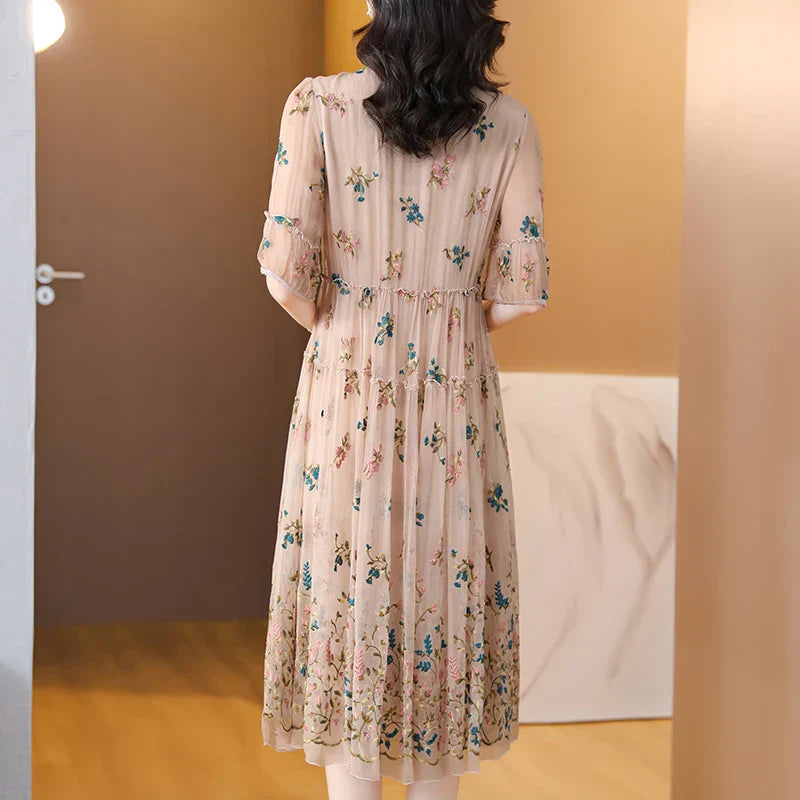 Midi Jurk voor Dames Zijde Bloemen Print