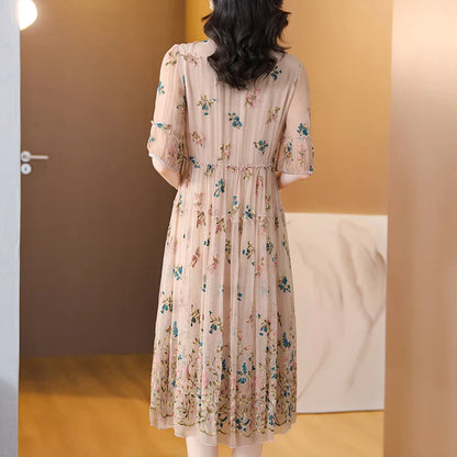 Midi Jurk voor Dames Zijde Bloemen Print