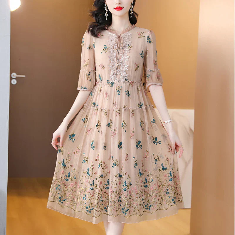 Midi Jurk voor Dames Zijde Bloemen Print