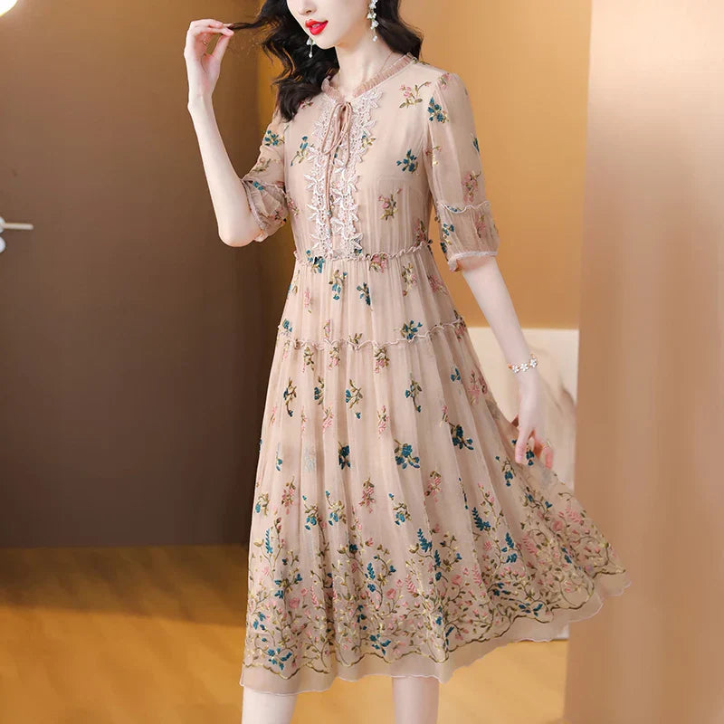 Midi Jurk voor Dames Zijde Bloemen Print