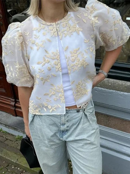 Vrouwelijke Blouse Kant en Mesh Doorzichtig - StudioMarella