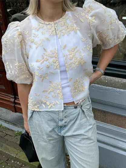 Vrouwelijke Blouse Kant en Mesh Doorzichtig