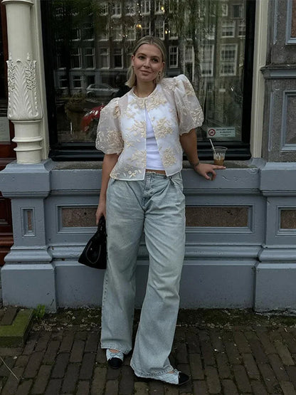 Vrouwelijke Blouse Kant en Mesh Doorzichtig