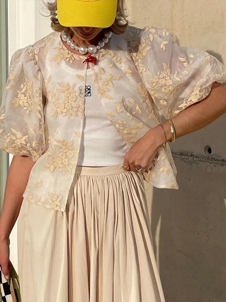 Vrouwelijke Blouse Kant en Mesh Doorzichtig