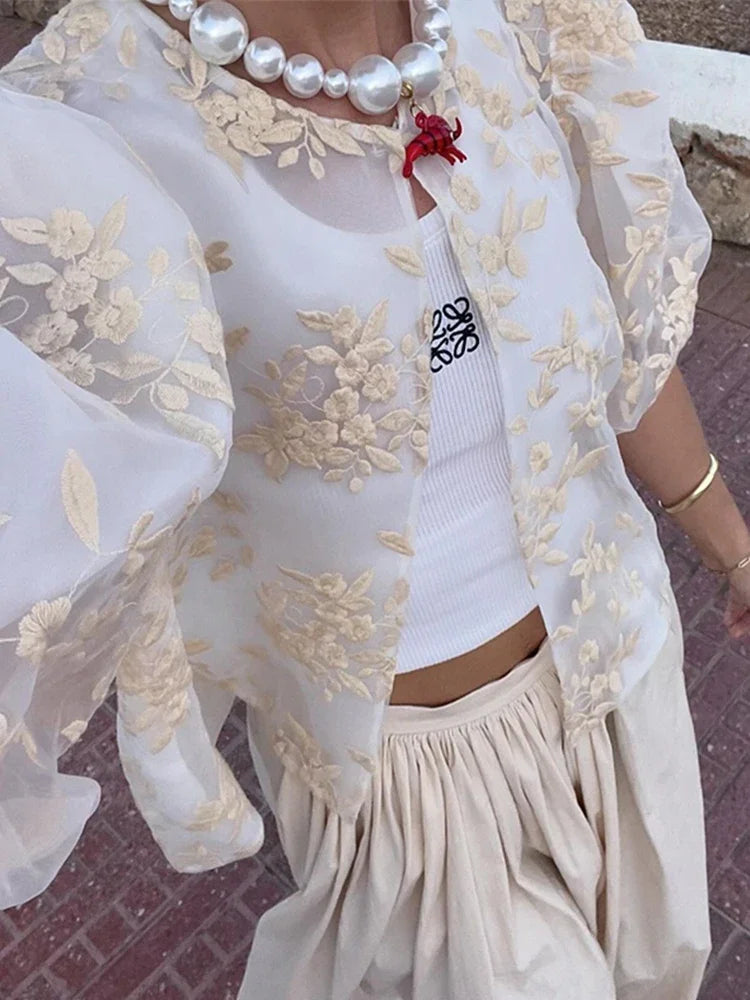 Vrouwelijke Blouse Kant en Mesh Doorzichtig