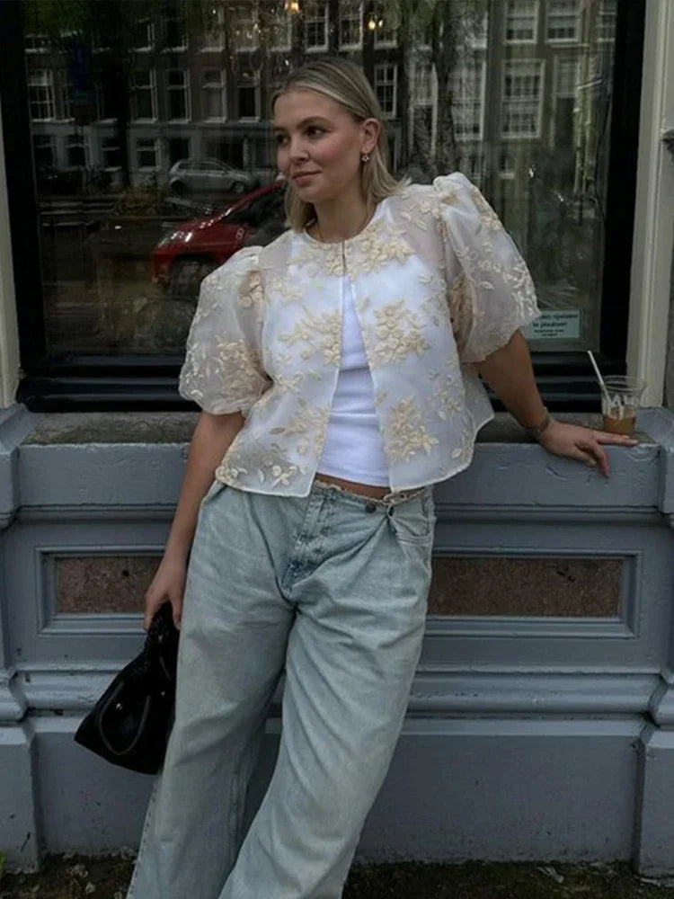 Vrouwelijke Blouse Kant en Mesh Doorzichtig