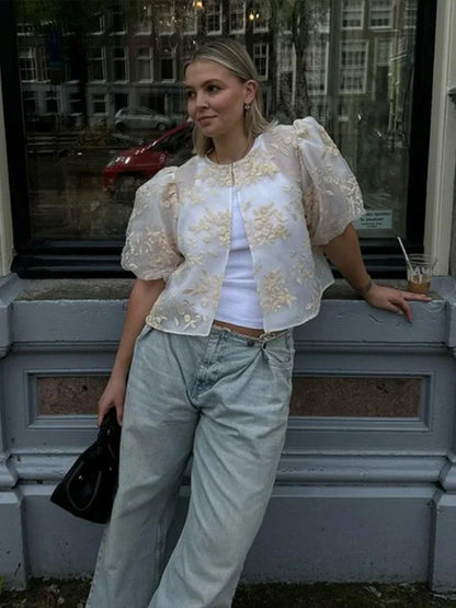 Vrouwelijke Blouse Kant en Mesh Doorzichtig