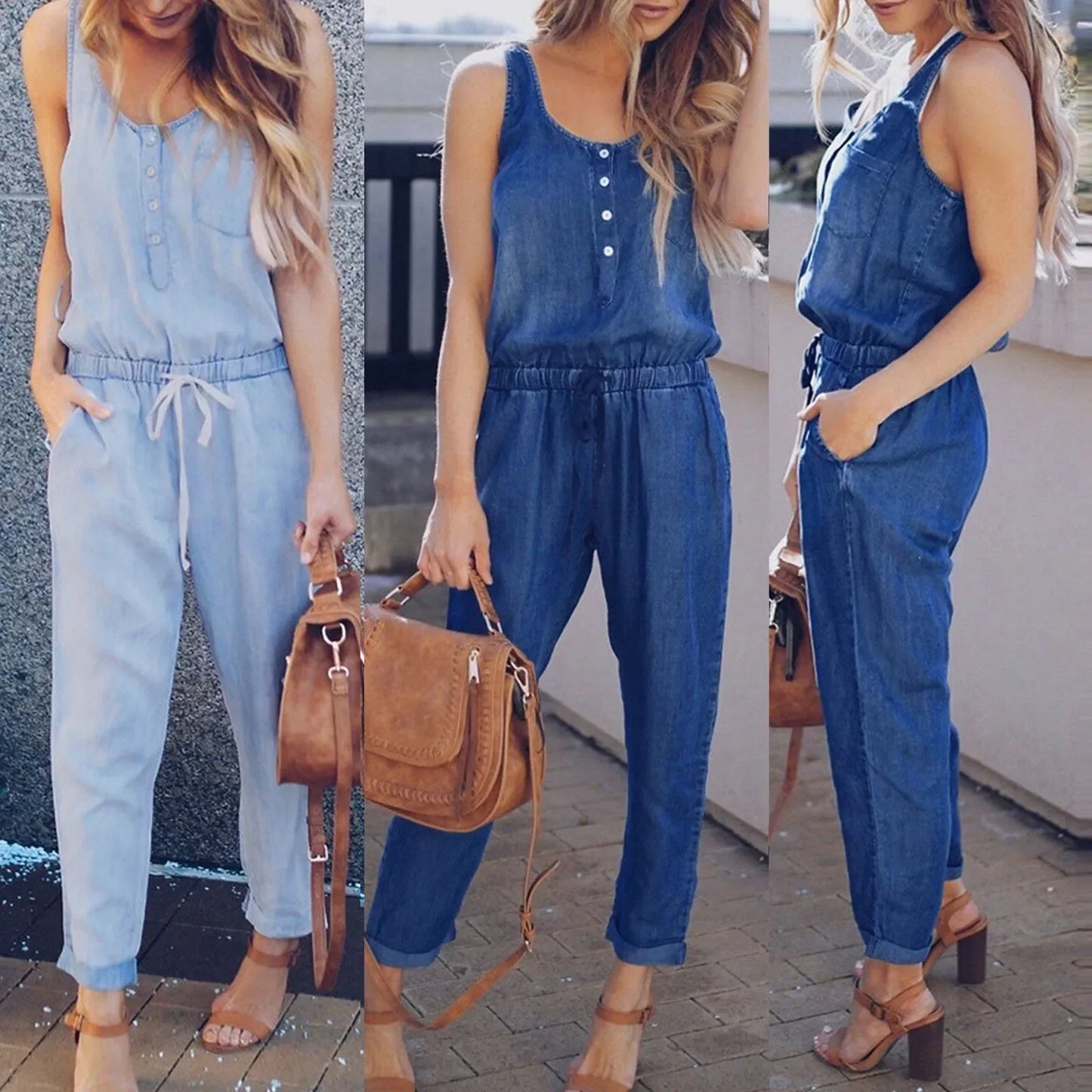 Jumpsuit Denim Blauw Met Knopen en Bandjes