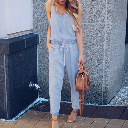 Jumpsuit Denim Blauw Met Knopen en Bandjes